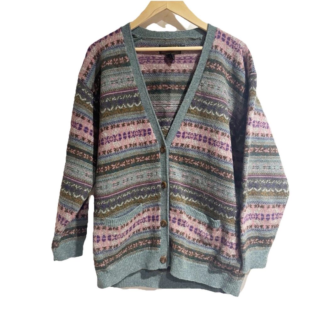 Eddie Bauer Womens Large Wool Knit Fair Isle Cardigan Sweater Rainbow Vtg 90s